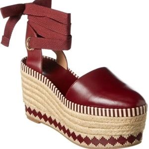 TORY BURCH Dandy Ankle Wrap Burgundy Leather Espadrille Platform Shoes Wedge S7